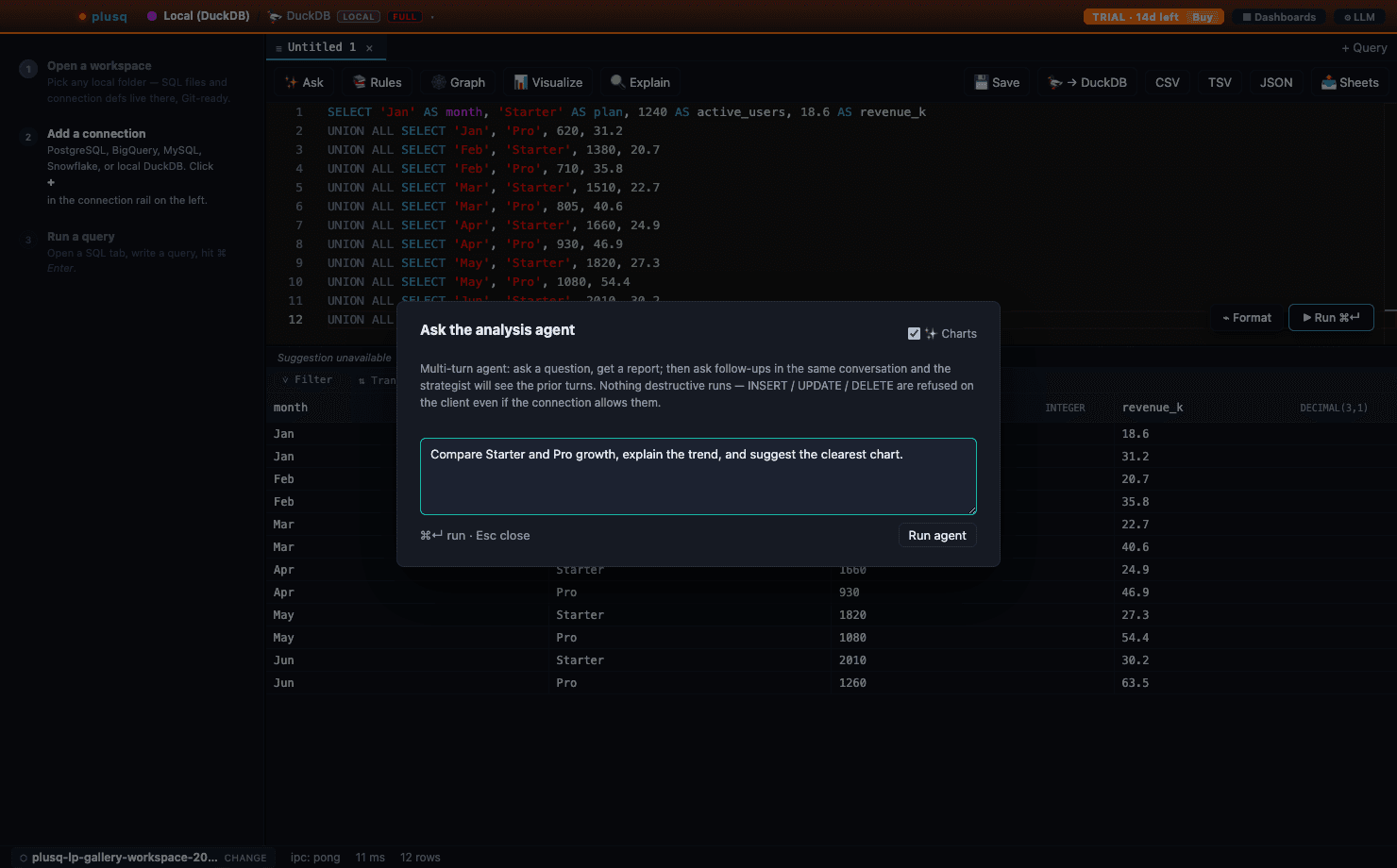 plusq analysis agent dialog with a plain-language growth analysis request over a query result